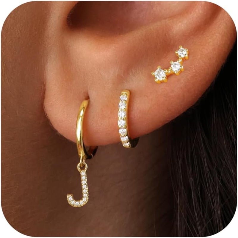 JIAOGE Valentines Day Gifts for Kids Girls - 3 Pairs Gold Earrings for Women Huggie Hoop Earrings for Girls with Initial Dangle Cartilage Earring Studs Hypoallergenic Earring Set for Multiple Piercing - Image 1